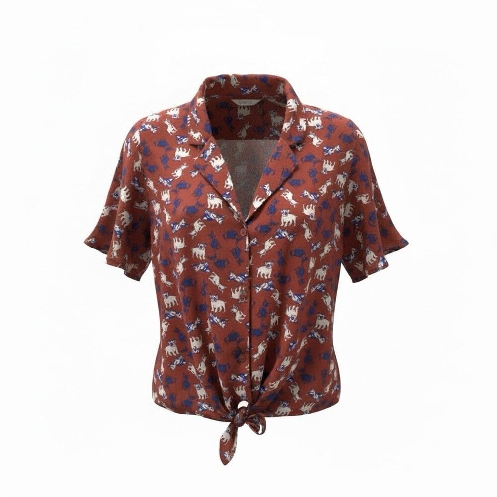 Monteau LA Burgundy Retro Rockabilly Crop Button-Up Top – Puppy Print – Women’s